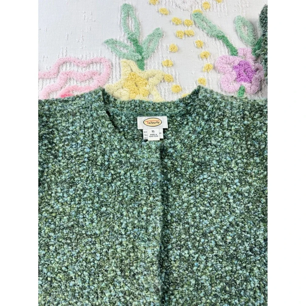Talbots Green Blue Boucle Wool Blend Snap Front Cardigan Sweater Womens XL